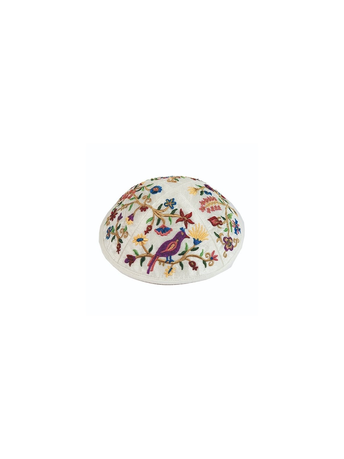 Personalized Embroidered Silk Kippah - Pomegranates and Birds